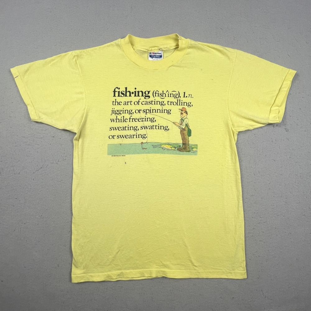 Vintage Fishing Humor T-Shirt Mens M Yellow 1983 50/50 Tee Hanes Single Stitch
